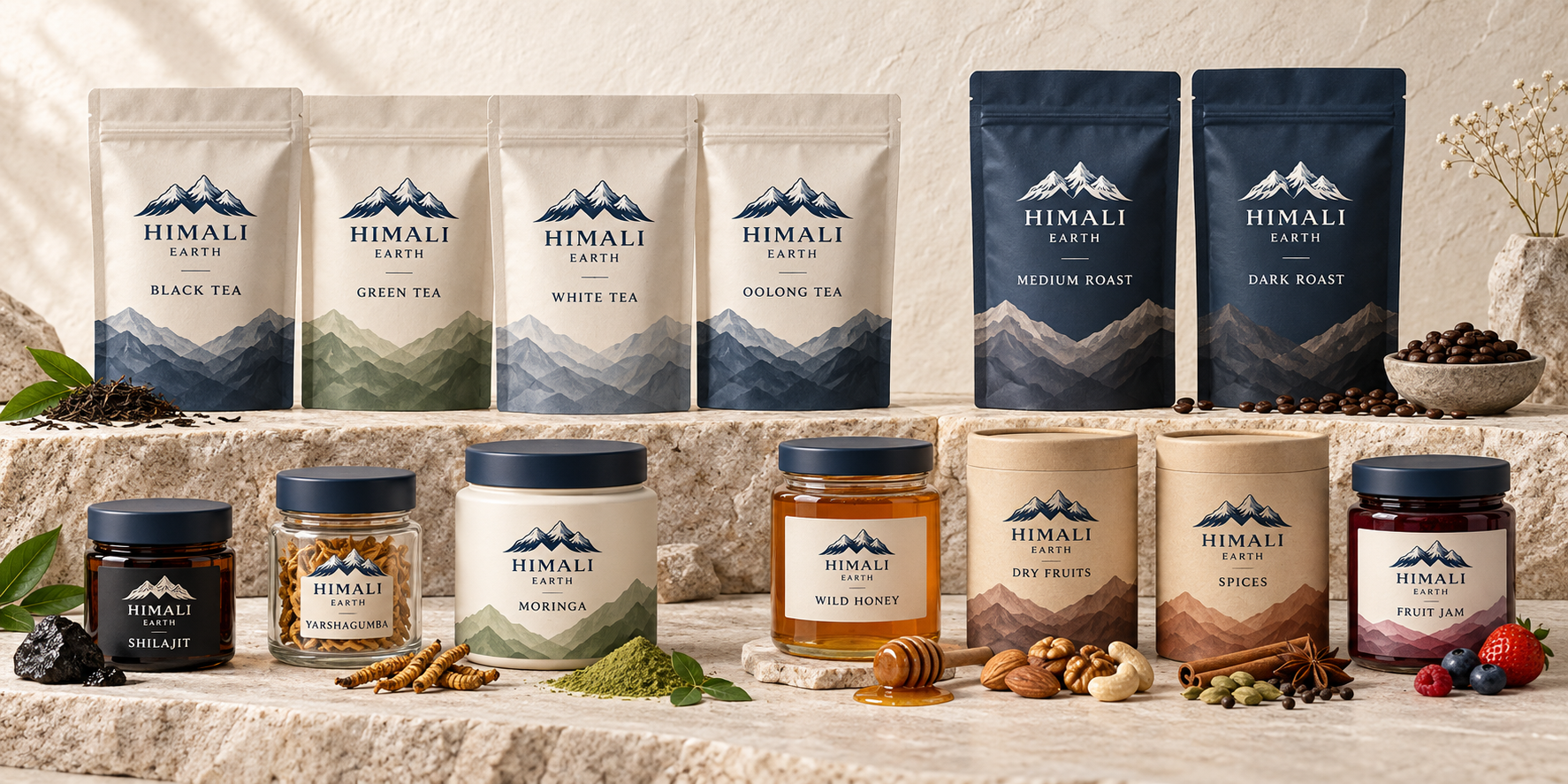 Complete HIMALI EARTH packaging line with four teas, two coffees, Shilajit, Yarshagumba, Moringa, wild honey, dry fruits, spices and fruit jam